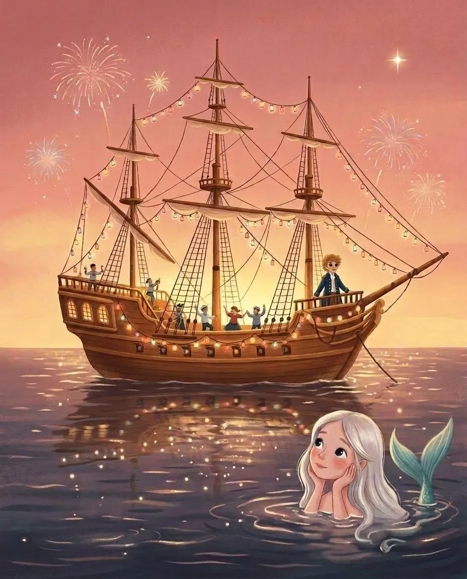 Η μικρή γοργόνα κοιτάζει μέσα από το νερό ένα καράβι με πολύχρωμα φανάρια και πυροτεχνήματα στον ουρανό